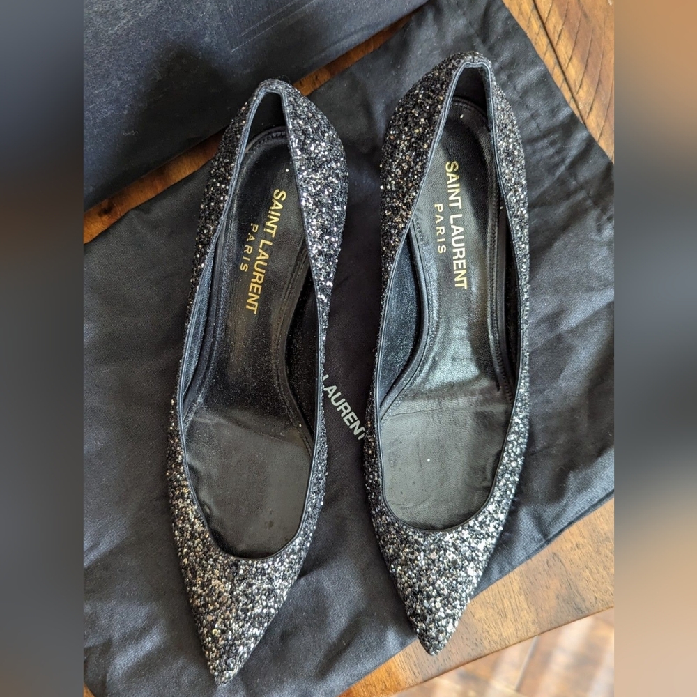 Saint Laurent Charlotte 55MM Black Glitter Kitten Heel Toe Pumps